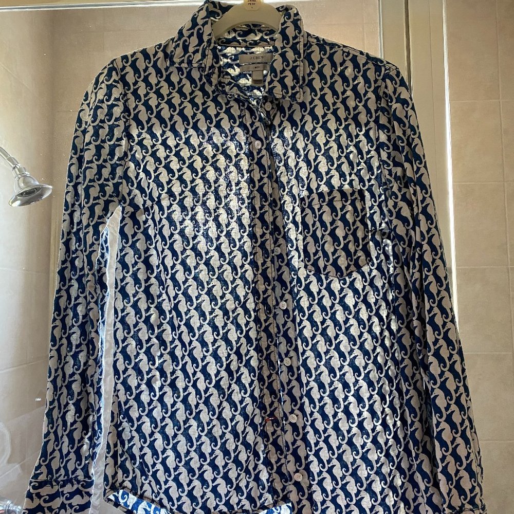 J Crew Blue Seahorse Button Up Long Sleeve XS